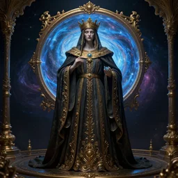 whimsically designed pre-raphaelite dark cloaked divine missionary, symmetrical , before an orb of blue light, gold, rococo details, octane render, 4k post processing is very detailed, moody lighting, Maya+V-Ray +metal art+ extremely detailed, beautiful, unreal engine, lovecraft, Big Bang cosmology in LSD+IPAK,4K, beatiful art by Lêon François Comerre, ashley wood, craig mullins, ,outer space view, William-Adolphe Bouguereau, Rosette