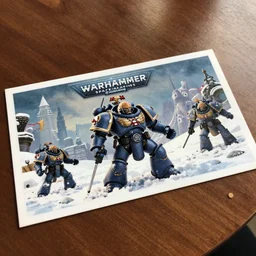 postcard showing 'warhammer space marines frollicking in the snow' laying on coffee table, zoomed out, HD, iphone capture