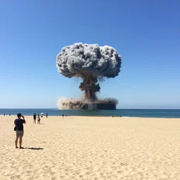 sunny day at the beach blue sky nuclear explosion on the horizon and few people watching it war apocalyptic photorealistic