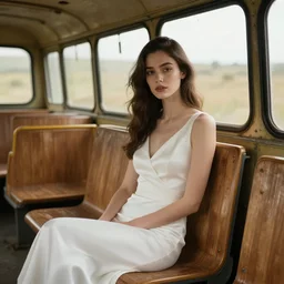 cinestill 5 0 d wide photo portrait of a beautiful woman sitting in a dystopian abandoned bus on a wood, wearing white dress, elegant, highly detailed, pale gold tonal glossy, soft blur, artstation, sharp focus, head in focus,