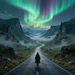 the extremely beautiful digital painting of a lonely traveler, cloak, epic scene, fantasy, endless winding road, fantastic valley, d & d, aurora in the sky, fog, unknown destination, cinematic lights, vivid lighting,, by tuomas korpi and greg rutkowski and jonas de ro