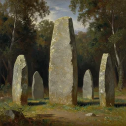 runestone, megalithic, monument, nature, trees, focused, centered, very detailed, norse, histor, oil painting, Albert Bierstadt