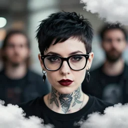 portrait of a pixie cut maisie williams, goth emo, tattoo on neck, thick glasses. len blur background bokeh. art by ismail inceoglu and filip hodas. clouds by rhads.