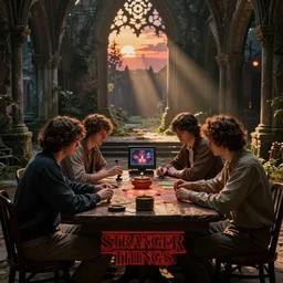 stranger things movie still - 4 ppl sit at table and play roleplaying game call of cthulhu, lovecraft, 1 9 century, four a 4 screen on table, in gothic ruins, with stunning evening dusk sunlight dappled light and god rays, old master painting by hsiao - ron cheng, miho hirano,
