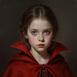 Portrait of a small vampire girl wearing a red cloak, detailed face, fantasy, highly detailed, cinematic lighting, digital art painting by greg rutkowski