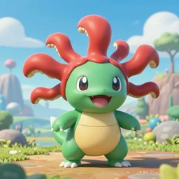a cute beautiful plant type pokemon with beautiful happy smile, red tentacles bursting out of his hair, full body portrait, highly detailed digital art, 3 d perspective, award - winning illustration, aesthetic, smooth, pokemon style, made by greg rutkowski, with an alien landscape in the background