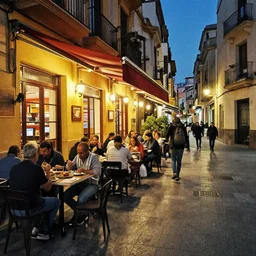 a busy side street in valencia, people outside eating meals, taverns nighttime lifestyle, in the style of lowry