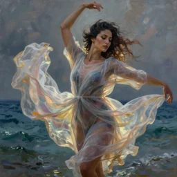 painting of a beautiful woman with her translucent dress blowing in the wind while she dances in the ocean, wide hips, highly detailed face, by nicolas delort, surreal, dramatic lighting