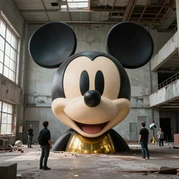 people building giant head of mickey mouse inside of abandoned netflix office, cyberpunk, by beeple, dystopia, golden ratio, octane render, redshift, trending on artstation, 8 k