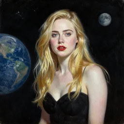 a striking hyper real painting of Elle Fanning in space by John Sargent