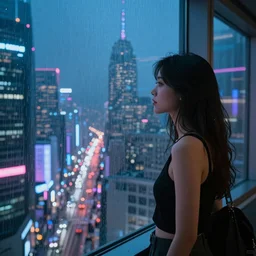 in the style of Chris Moore, a young beautiful attractive slim woman is looking out of a window at a vast futuristic neon city at night, there is a vanishing point, it is raining ,very highly detailed, 8k wallpaper