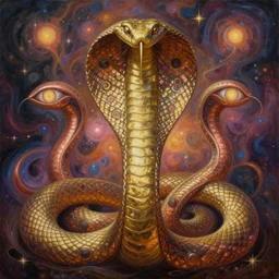 copper and gold scifi astral cobra snake painting of abstract surrealist forms by yvonne mcgillivray by mandy jurgens by michael divine, powerful eyes glowing highly detailed painting, spiritual abstract forms, symmetrical, trending on art station, abstract emotional, very beautiful, fantasy digital art, highly detailed patterned visionary art, magic symbols, by michael divine, cosmic nebula
