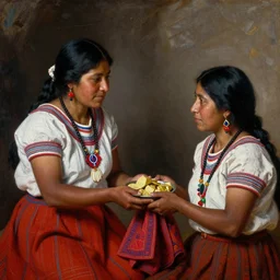 a beautiful painting of an incan woman exchanging food and fabrics with another incan woman, art by christophe vacher