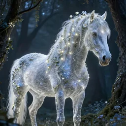 a stunning horse made of stardust with a thick mane of bioluminescent vines and flowers running through the woods by greg rutkowski, high key lighting, volumetric light, digital art, highly detailed, fine detail, intricate, ornate, complex, octane render, unreal engine, photorealistic