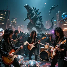 The wide shot of disco rock Asian band with long dark hair playing on guitars while Godzilla and aliens destructs the night city, Godzilla on the horizon line, by Lubezki, Christopher Doyle and David Lynch, anamorphic 35 mm lens, cinematic, anamorphic lens flares 4k
