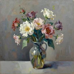 i dream of a vase flowers, modern, studio, oil paint, grand master of light