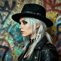 highly detailed 3 / 4 profile portrait of an london sewer punk lady, eyes, leather braces, hat, white hair ( ( by atey ghailan ) ), ( ( by greg tocchini ) ), by james gilleard, by kaethe butcher, gradient cyan, black, brown, and yellow color scheme, grunge aesthetic!!! ( ( graffiti tag wall ) )