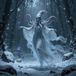 concept designs for an ethereal ghostly wraith like figure with a squid like parasite latched onto its head and long tentacle arms that flow lazily but gracefully at its sides like a cloak while it floats around a frozen rocky tundra in the snow searching for lost souls and that hides amongst the shadows in the trees, this character has hydrokinesis and electrokinesis for the resident evil village video game franchise with inspiration from the franchise Bloodborne
