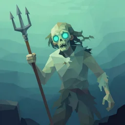 low poly painting by caravaggio of a drowned zombie holding a trident with glowing cyan eyes, wearing ragged clothing, holding a trident, underwater, pastel green and blue color palette