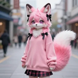 a photo of an anthropomorphic pink fox fursona with wild hair and a fluffy tail, anthro wearing black ribbons, oversized sweater and striped skirt, city streets background