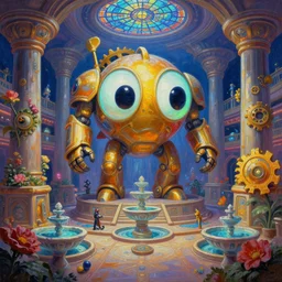 googly eyes a minimalist bioluminescent oil painting by donato giancola, bulbous happy gears of war goldfish giant mecha god dinosaur temple altar, religious, spaceport shopping mall with microscopy stained glass pretty bulbous ceramic fountains, gigantic pillars and flowers, maschinen krieger, beeple, star trek, star wars, ilm, star citizen, mass effect, artstation, atmospheric perspective