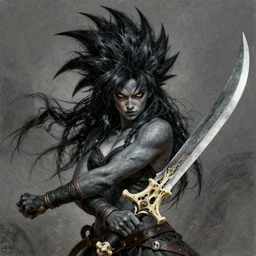 realistic art style, warrior girl, wild spiky black saiyan hair, long spiky hair, electrified hair, holding scimitar made of bone, scimitar, sword, jagged sword, curved sword, orkish sword, colorized, gray skin, hyper - detailed, primeval fantasy, prehistoric fantasy, drawn by frank frazetta and boris vallejo