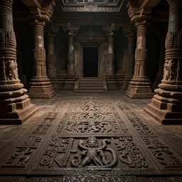 large hindu underground indian ruined temple, highly detailed carvings of weird symbols on the floor, dark dramatic atmosphere, highly detailed, ultra - realistic, tomb raider, unreal engine, cinematic, 4 k