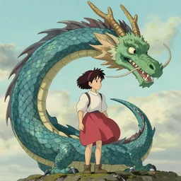 studio Ghibli style illustration of a dragon and a girl