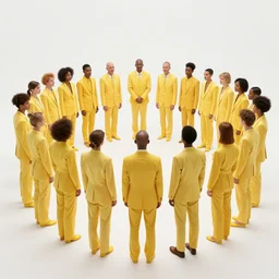 love, diverse yellow cybersuits, from behind, connection rituals, wide wide angle, vivid, elaborate, highly detailed, beautiful lighting