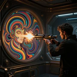 man shoots a blaster, he fires a blaster at the murmurs of murderers, perspective, spaceship room, face, in detail, dark room, side profile centered, by artgerm, cushart krenz, greg rutkowski, james jean. art nouveau. gloomhaven, swirly vibrant ripples, gaudy colors, sharp edges. ultra clear detailed. 8 k. elegant, intricate, octane render