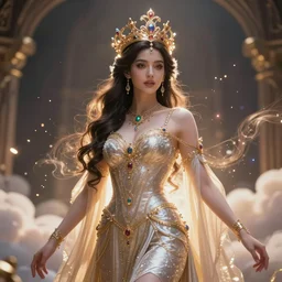 a beautiful female goddess of crowns character, character is in all its glory, character is centered on the image, character is in her natural pose, rim lights, magic in the air, fancy clouds, highly detailed professional photo, dynamic lights, particles are flying, depth of field, trending on artstation, illustration, hyper realistic, vray caustics, super detailed, colorful accents, cinematic shot