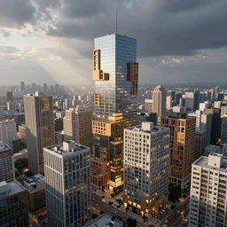 a city made of block-like modules of wood and concrete and glass, city of voxels, illuminated windows, dramatic sky, light rays, aerial view, hyperrealism, 4k octane render, photorealistic concept art, highly detailed