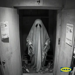 a creepy ghost lurking inside an abandoned ikea, surveillance footage