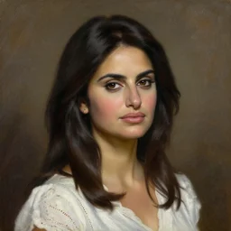 a painting of penelope cruz,, 4k resolution, ultra detailed, style of John Berkey, Norman Rockwell, Hans Thoma, Ivan Shishkin, Tyler Edlin, Thomas Kinkade