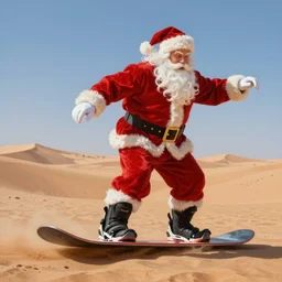 beautiful lifelike studio painting of santa riding a snowboard!!!!! in the hot humid sahara desert. beautiful perfectly shaded cinematic lighting, very very coherent, trending on artstation, greg rutkowski, hyper detailed, 4 k, high quality, smooth, sharp focus