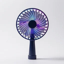 neon hand fan, studio product photography, isolated on a pure white background, centered, entire object in frame, sharp focus, soft studio lighting