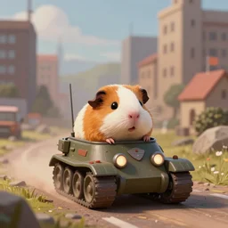 cute little anthropomorphic Guinea Pig driven tank battalion driving towards a city, ultra wide lens shot , tiny, small,  short, cute and adorable, pretty, beautiful, DnD character art portrait, matte fantasy painting, DeviantArt Artstation, by Jason Felix by Steve Argyle by Tyler Jacobson by Peter Mohrbacher, cinematic lighting