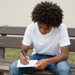a black boy with an afro hairstyle sits at the bench and writes something in a copybook with a pencil, the 9 0 s, garlem, black and white photography