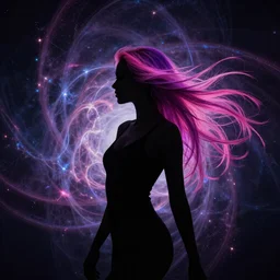 silhouette of a beautiful! elegant woman, 3 0 years, long pink purple hair, dynamic strands, retrowave color scheme, fractal chaotic dark, nebula background, by wlop, mucha and julie bell, artstation, deviantart, 8 k, emotion