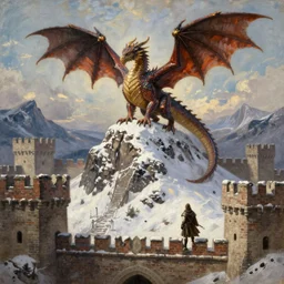 medieval fantasy oil painting, a european dragon is perched on top of a snowy mountain, as a dnd characer, realism, lifelike, surrounded by brick castle fortresses