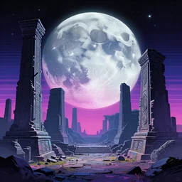 ancient ruins in the moon, retrowave epic art, trending on art station