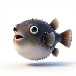melanistic pufferfish, stylized pixar-style 3d render, full body, isolated on a pure white background, centered, entire subject in frame, sharp focus, soft studio lighting