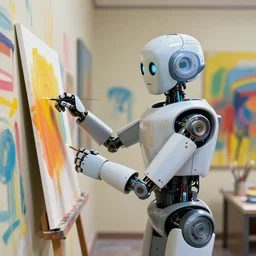 a photograph of robot painting a picture, it looks at the camera, paint everywhere on the walls