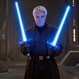 Guy Fieri in Star Wars Revenge of the Sith, Jedi Knight, blue light saber, cinematic lighting, cinematic, sci-fi city in background, 55mm lens