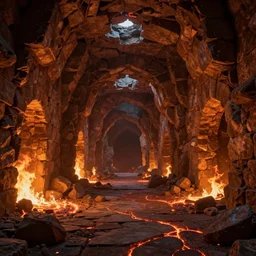 man-made ruins interior with low ceiling and stone walls, fire and lava, tunnels and archways; detailed, best on artstation, raymond swanland, bayard wu, cosmic, epic, stunning, masterpiece