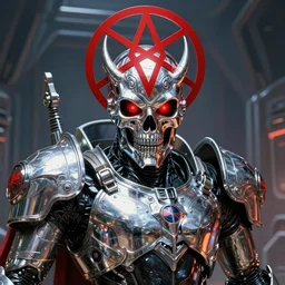 high fantasy 1 9 8 0's wargame airbrushed artwork, a giant silver reflective chrome android wearing a mask shaped like an intricately carved beautiful human skull with a giant red pentagram on top and shiny glowing red demonic eyes, shiny black latex armor, inside a futuristic army base