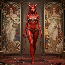 full length complex 3 d hyper realistic smooth ultra sharp render of a gorgeous!! chained red skinned demoness viking warrior bikini | high detail, 4 k, hd, symmetrical, proportional, cinematic, epic scene | art by oh jinwook + 吵 集 仁 儿 on artstaion + takeshi obata + alphonse mucha + jim lee
