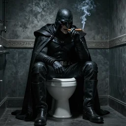 Bane from the dark knight rises smoking a cigar while sitting on the toilet, ominous, ray tracing, unreal 5, hyperrealistic