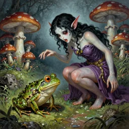 Scary godlike fairy killing a frog , detailed mushroom village in the background , Greg rutkowski legendary matte painting, post-processing, fantasy , masterpiece , junji ito, painting , vibrant colors