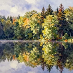 beautiful colorful watercolor painting of trees reflecting on the lake